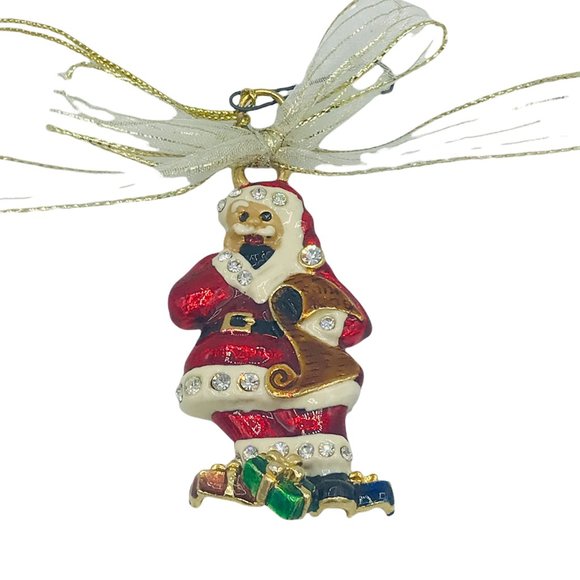 Enameled and Rhinestone Cat Santa Christmas Ornament, Metal w/Gold Back - Picture 1 of 4
